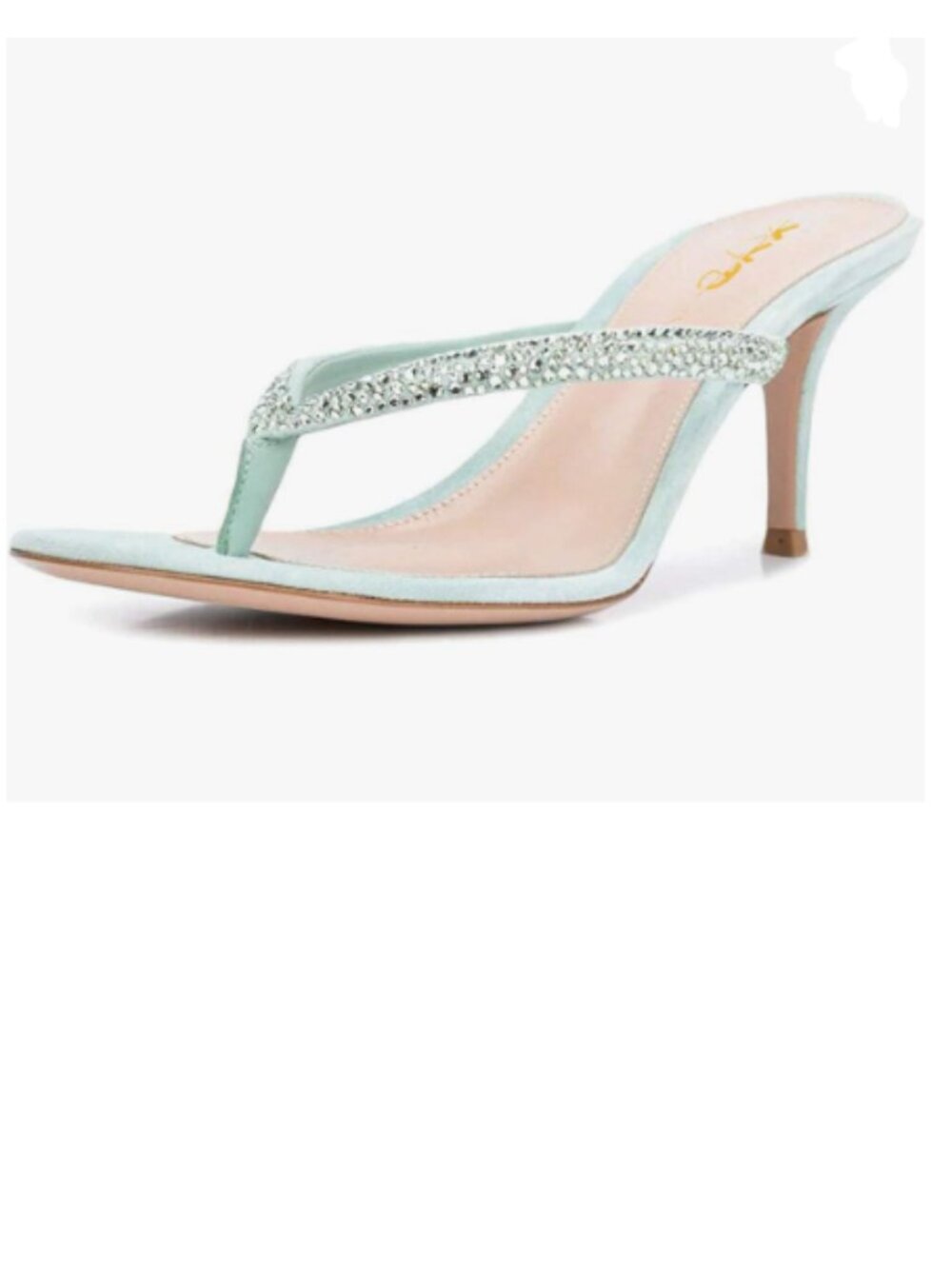 XYD Pale Turquoise Rhinestones Studded Thong Open Toe Mid Heel Slip On Sandals